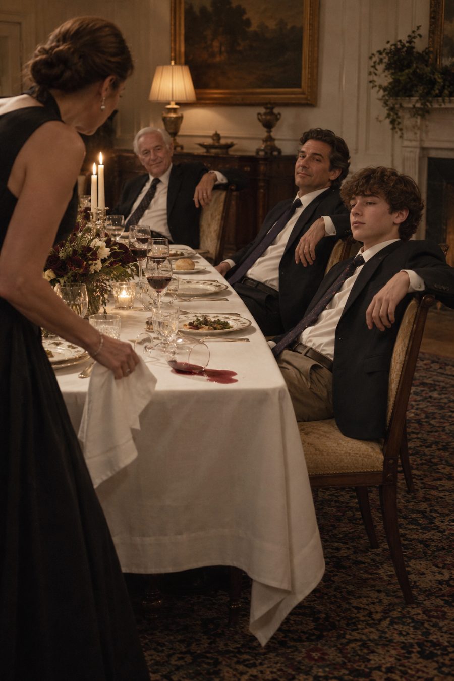 Three generations lean back at a dinner table while a fourth guest rises to deal with spilled wine.