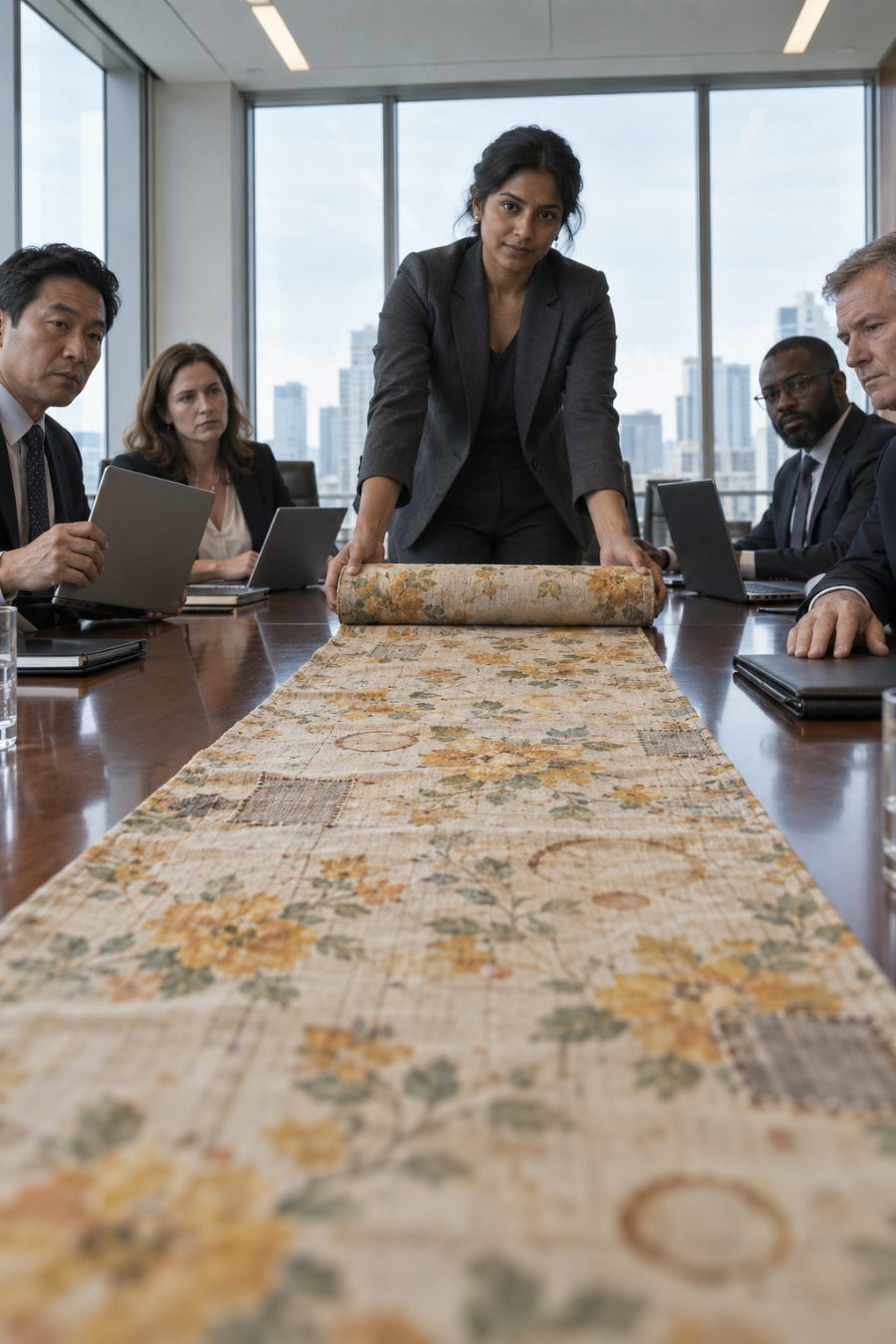 A South Asian professional unrolls a worn floral kitchen cloth across a corporate conference table.