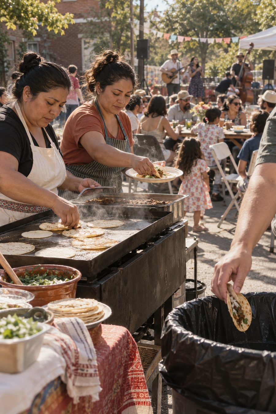 Two women prepare tortillas at a block party while a guest drops an almost untouched taco into a bin.