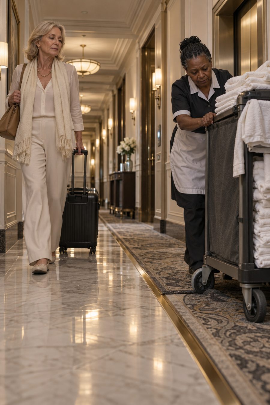 An older white hotel guest pulls a suitcase beside an older Black housekeeper whose linen-cart wheel catches at a carpet edge.