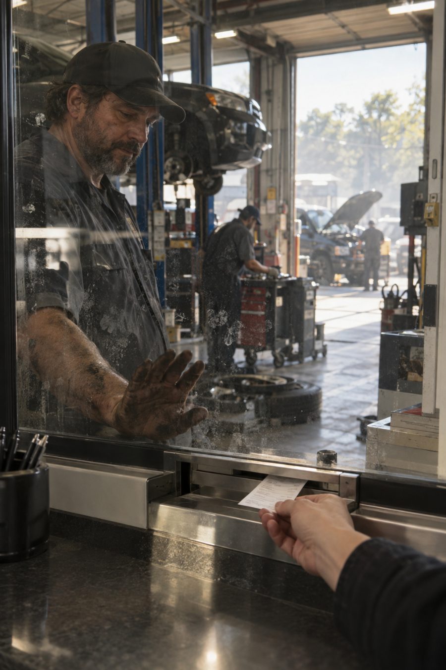 A customer takes a receipt through a glass partition while an oil-marked mechanic and the working garage remain on the other side.