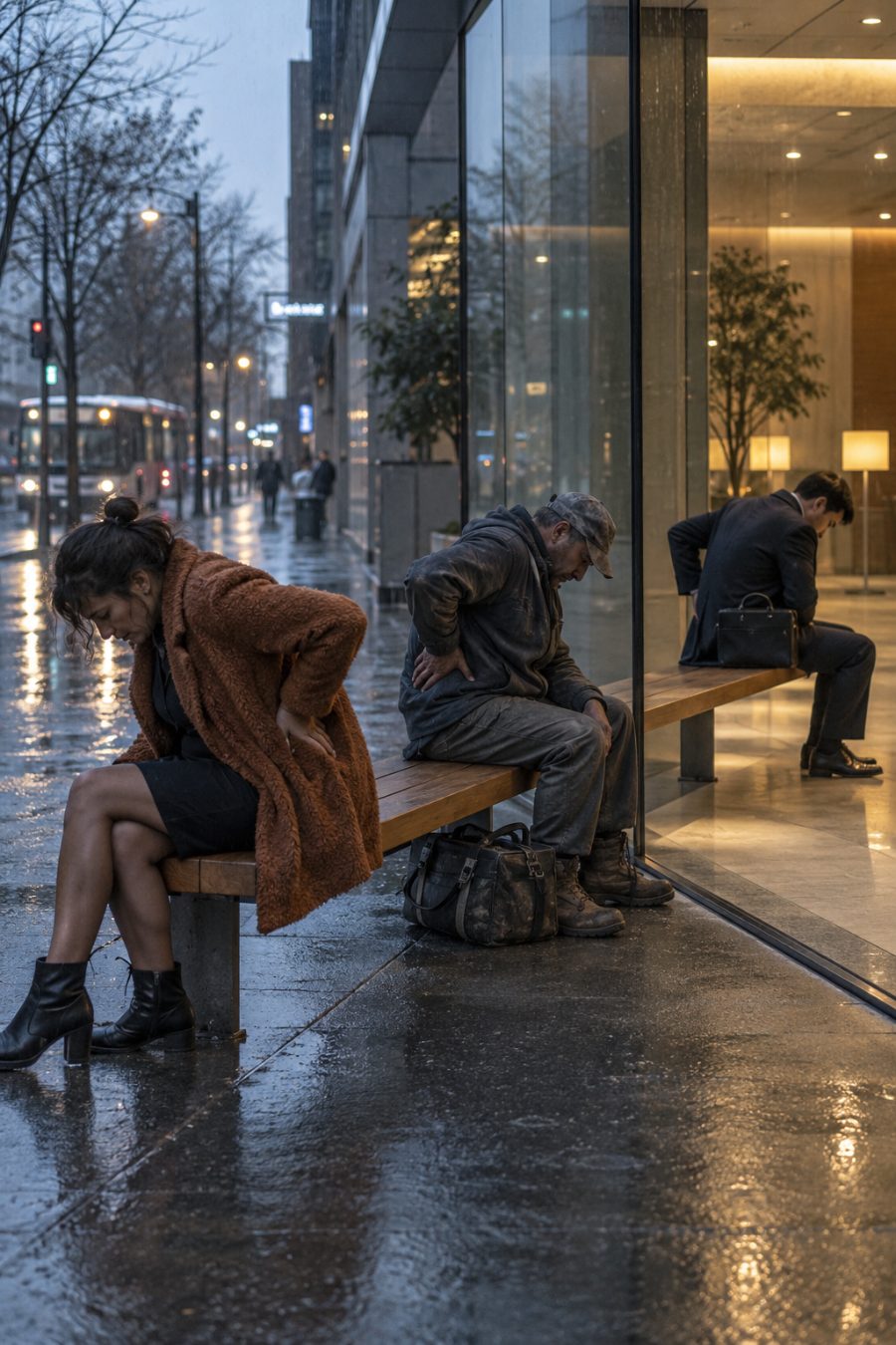 Three tired people hold their lower backs on one bench; two sit outside in the rain, while the office worker sits behind glass.