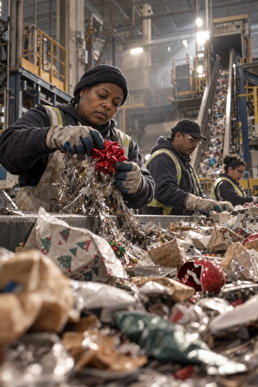Workers sort festive waste on a recycling conveyor; one holds a vivid red holiday bow.