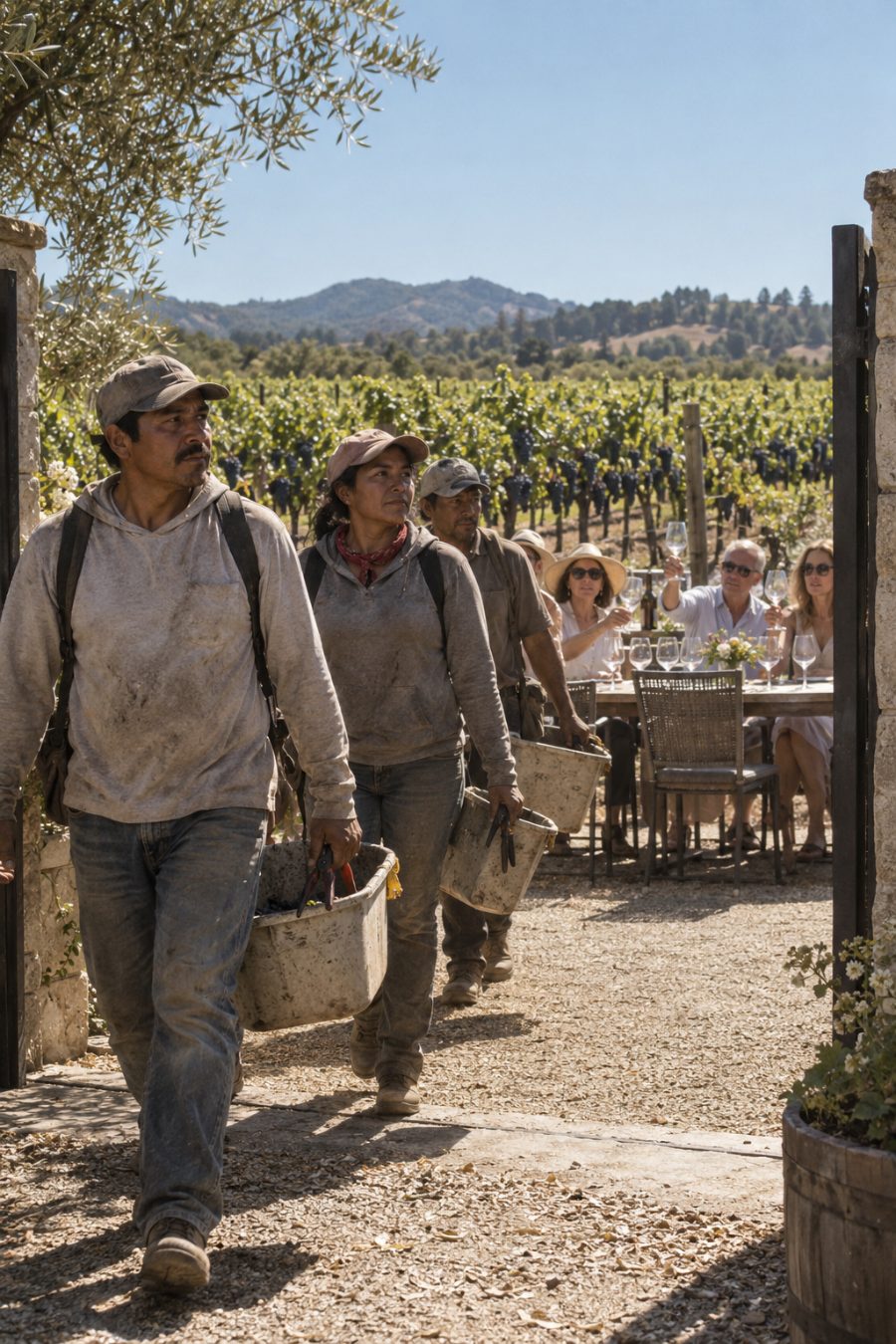 Three vineyard workers leave with their tools while tasting-room visitors behind them hold up empty wineglasses.