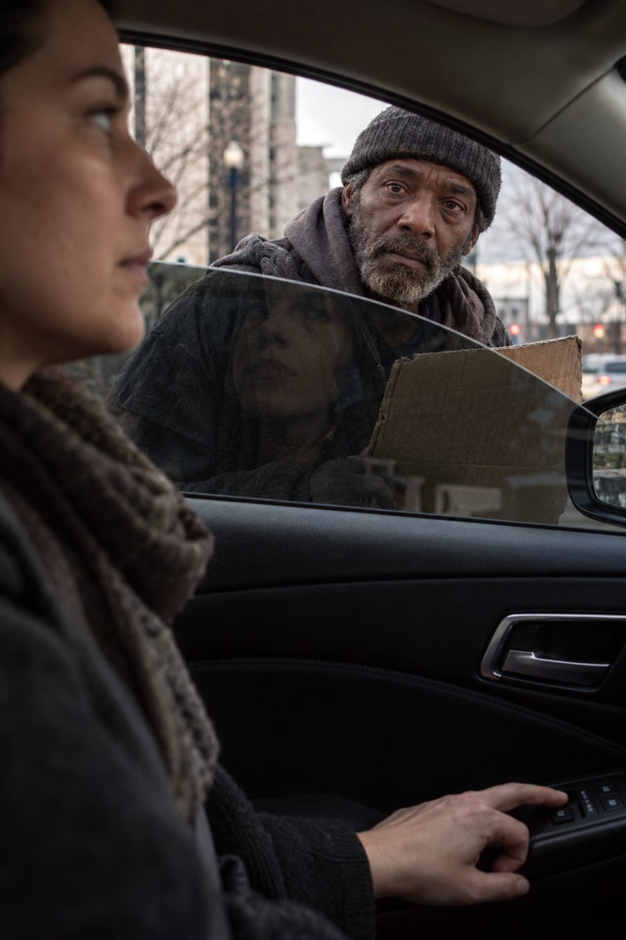 A driver closes a car window on a person outside; the rising glass carries the driver's own reflection.