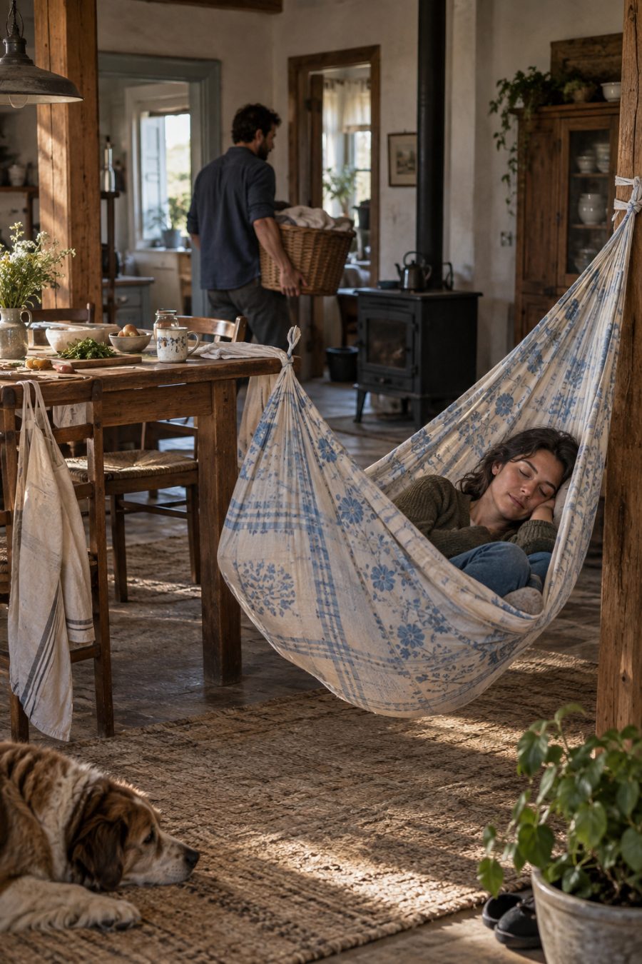 A woman sleeps in a hammock made from a tablecloth while another adult carries away the laundry.