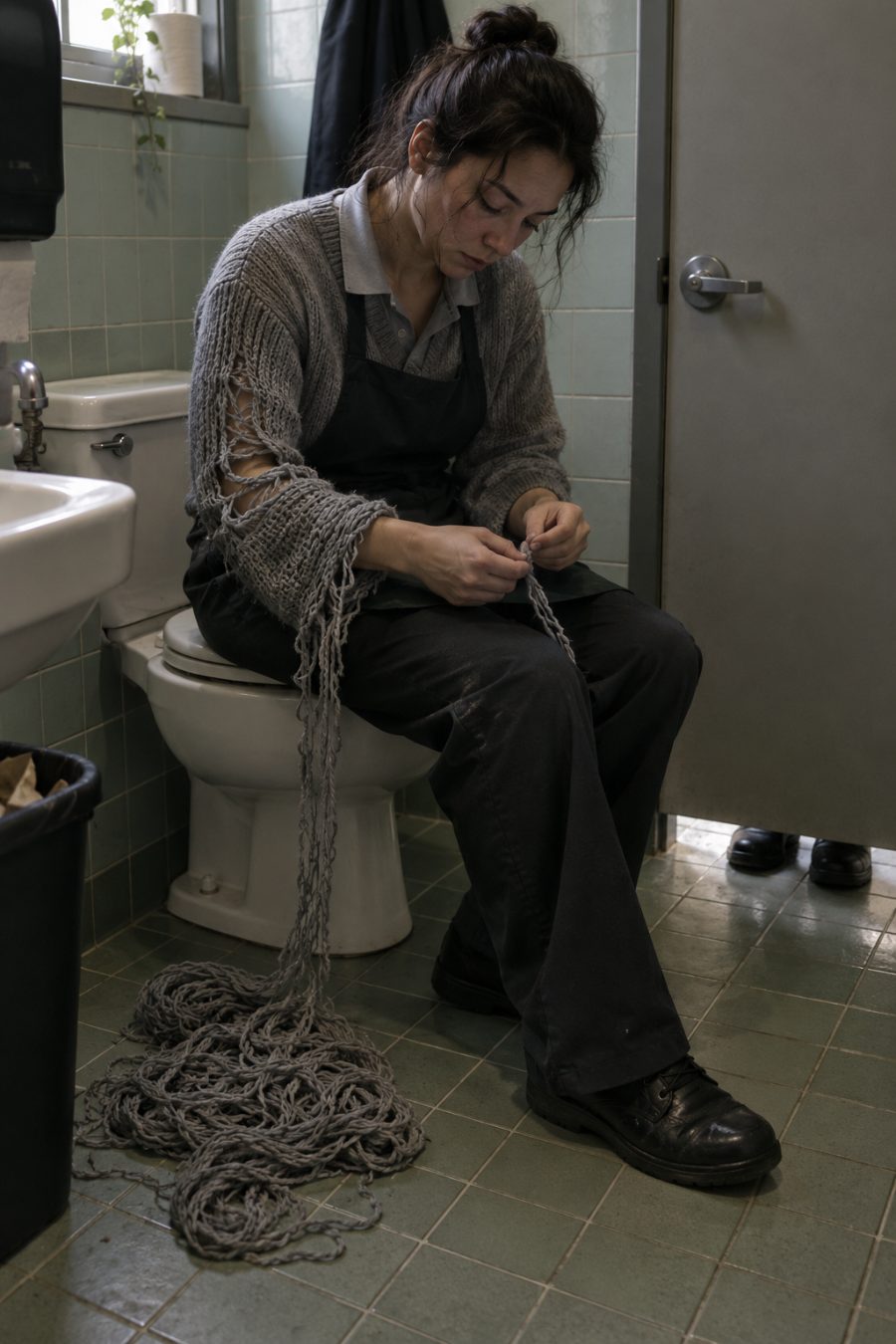A worker in an employee restroom holds together an unravelling sleeve, with grey yarn pooling on the floor and work shoes waiting outside.