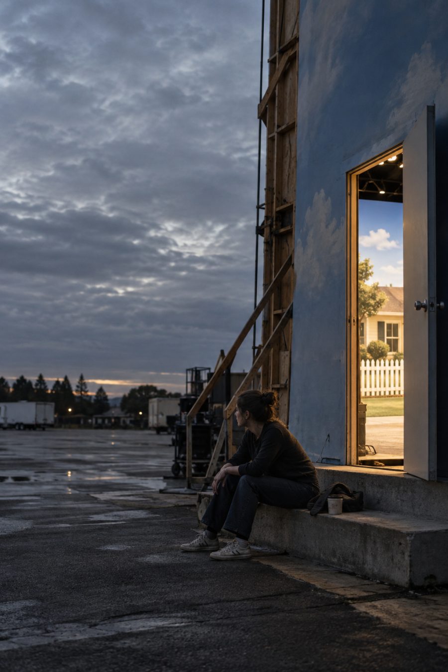 A woman rests on a loading step outside a film set, between an artificial suburban day and the real predawn world.