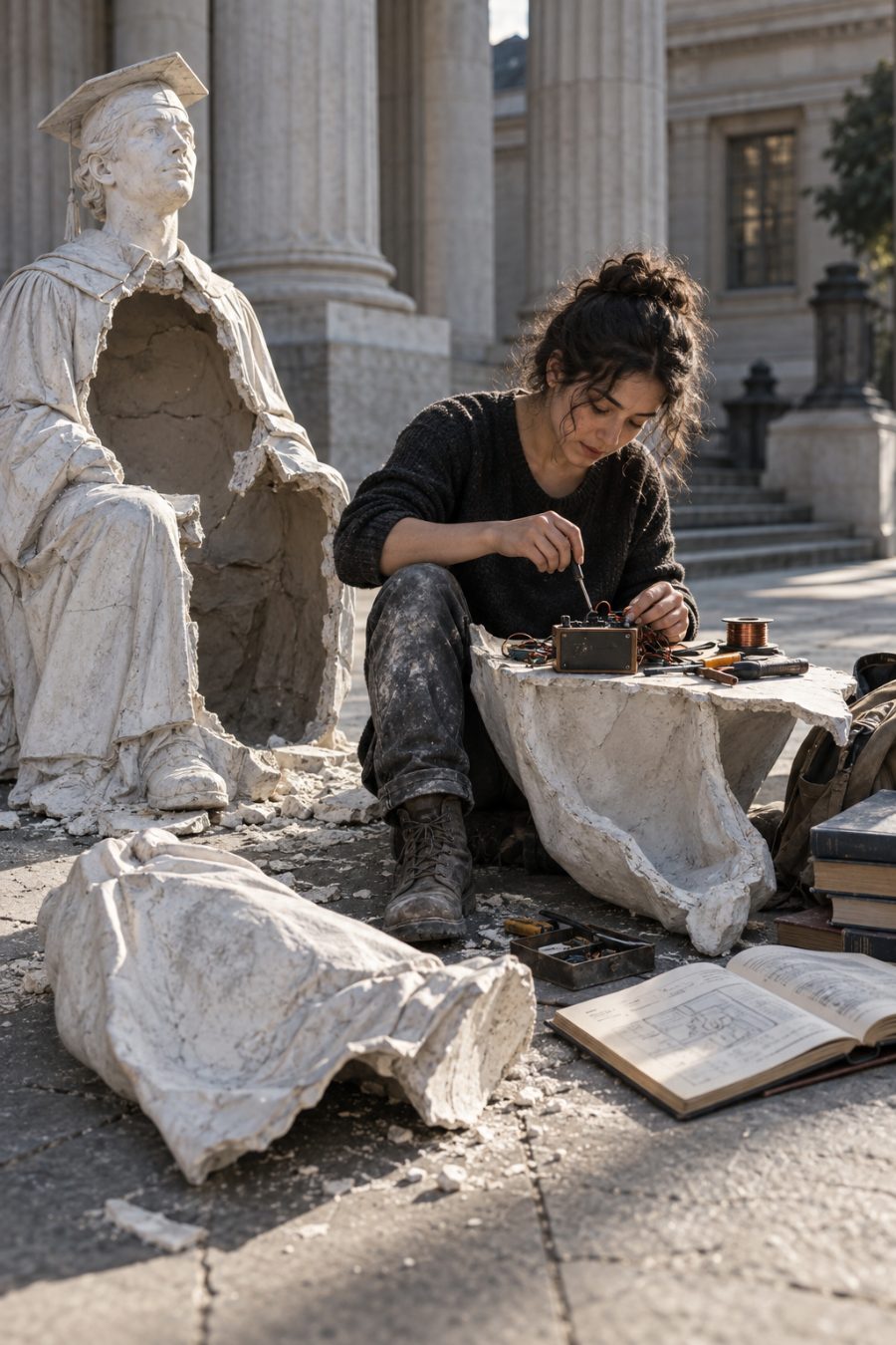 A learner builds a radio beside the broken hollow plaster mould of an obedient seated student.