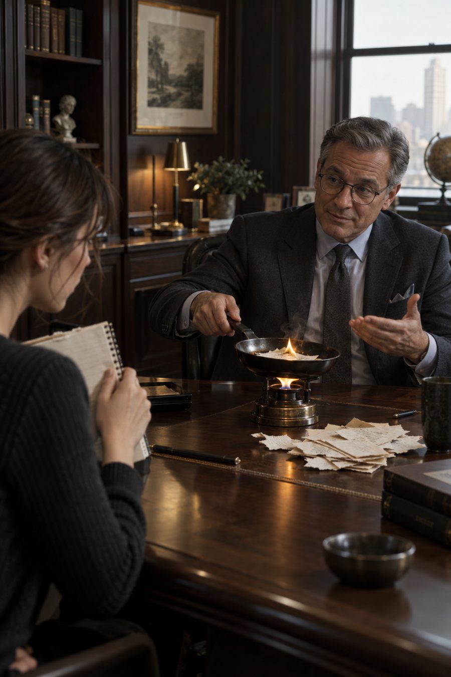 A senior adviser holds a frying pan with burning notebook pages while a younger woman pulls the remaining notebook toward herself.