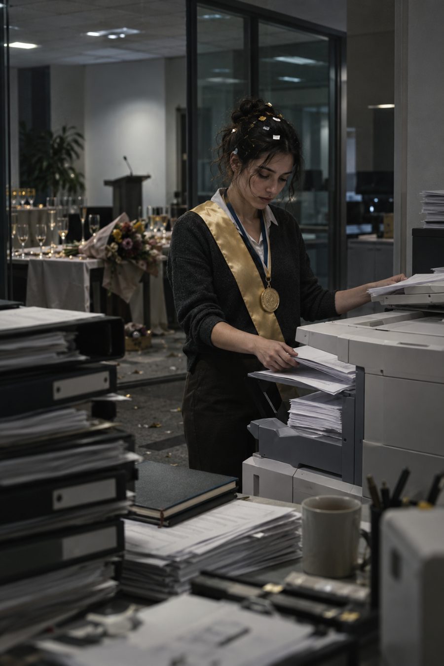 A worker wearing a recognition medal and ceremonial sash works alone at a photocopier after the reception has ended.
