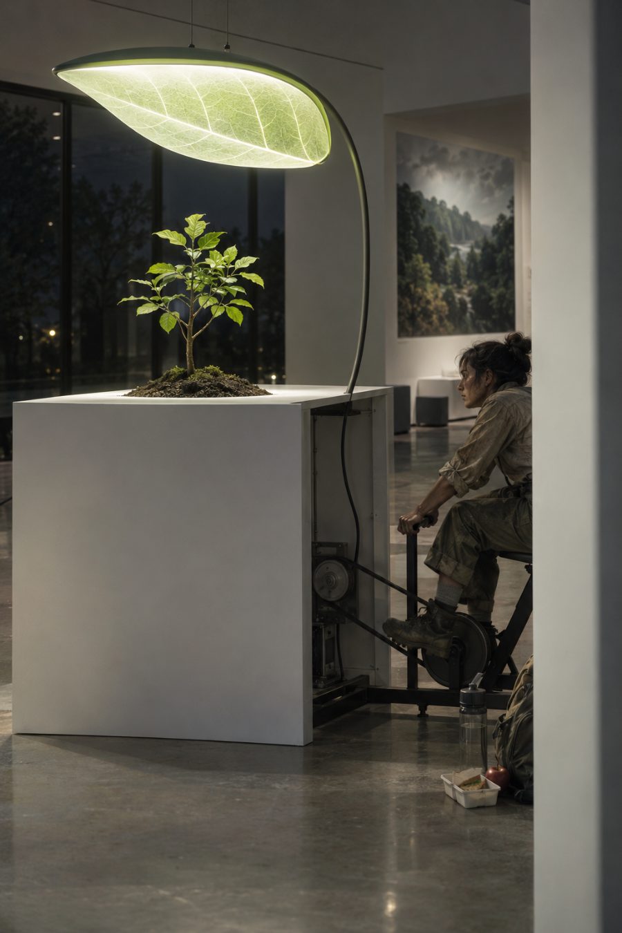 A tired climate worker pedals a generator behind a polished display to keep a green leaf-shaped light and sapling illuminated.