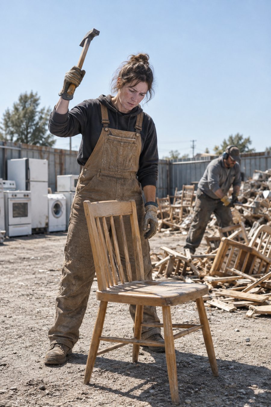 A worker pauses with a hammer above a usable wooden chair; broken chairs lie behind them.