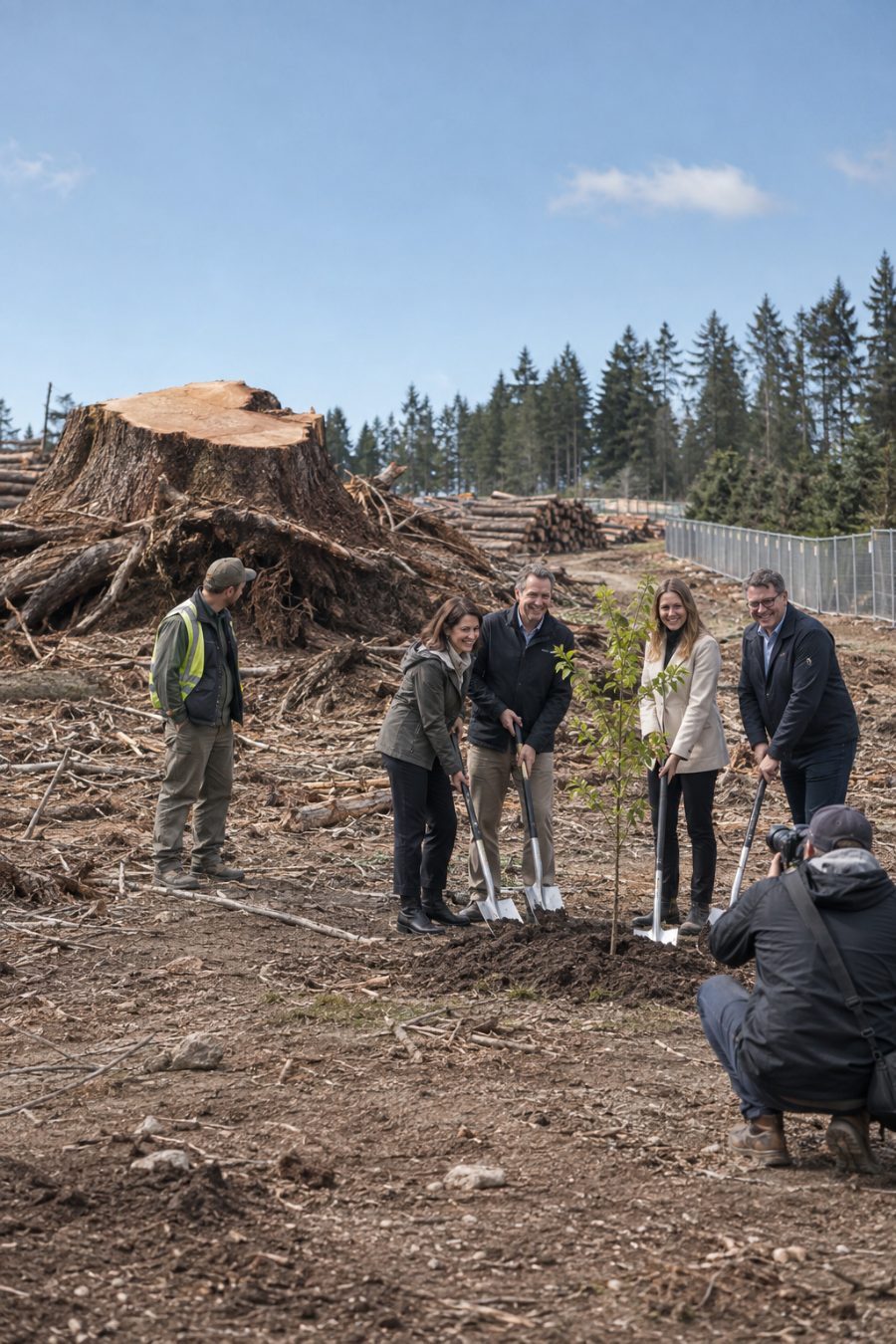 A group poses with a new sapling while the wider view reveals an enormous stump and felled timber.