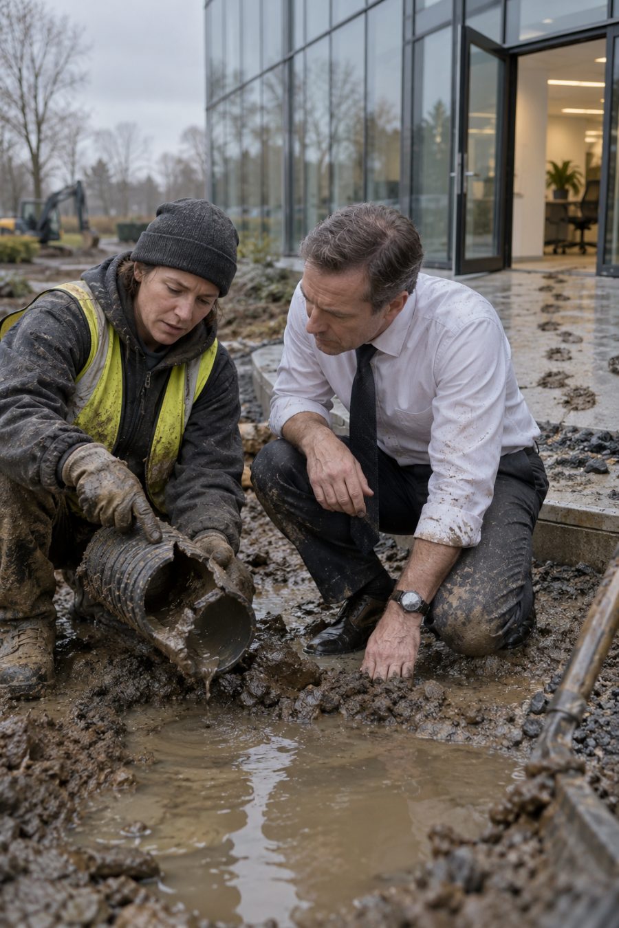 An executive kneels in mud beside a field worker, who explains a broken drainage component.