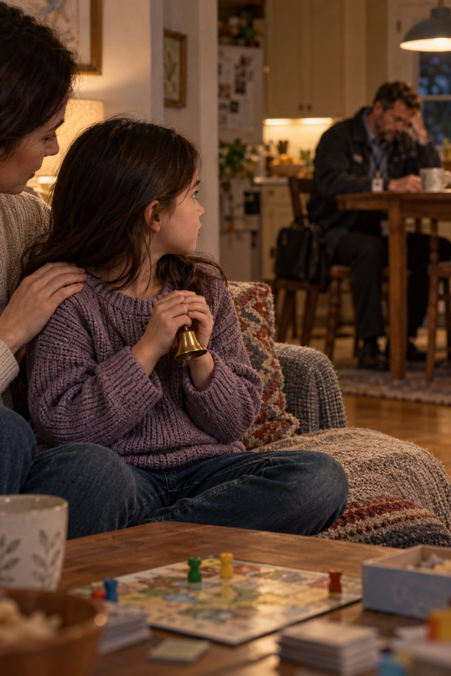 A child quietly cups a toy bell while a father sits farther back in his work jacket, tense and preoccupied; another adult rests a reassuring hand on the child's shoulder.