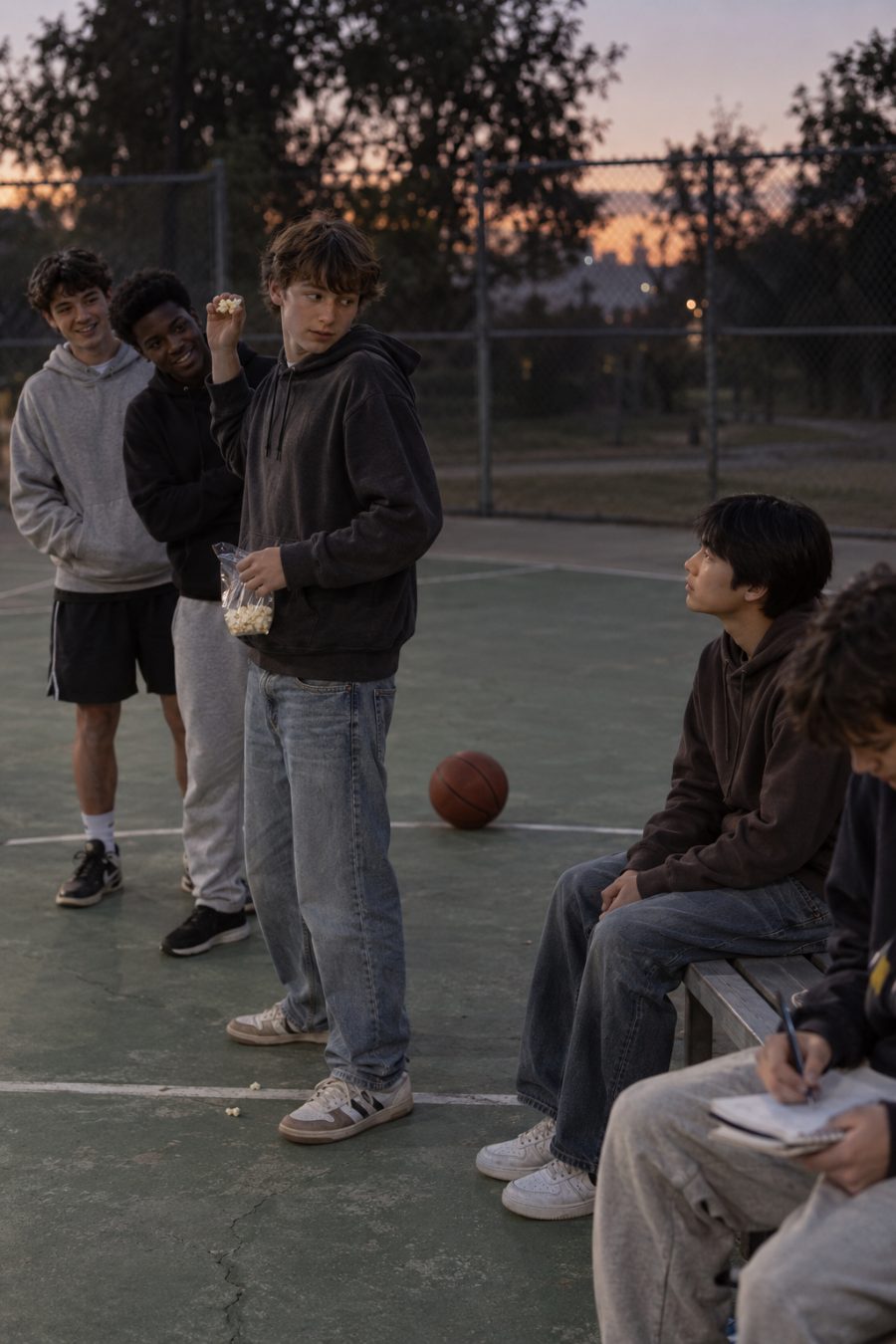 A teenage boy holds a raised handful of popcorn while two friends watch expectantly and another boy sits on the bench.