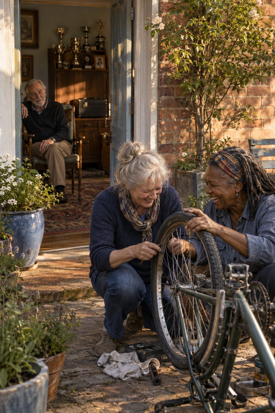 Two older women laugh while repairing a bicycle outside; an older man watches from a room containing old trophies.