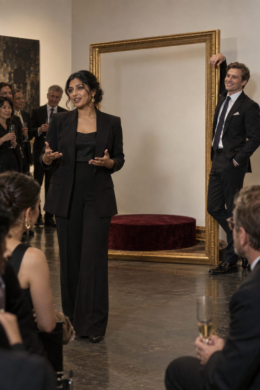 A South Asian woman steps away from a gilded display frame and plinth while a man continues posing beside the empty frame.