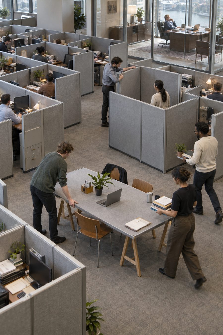 In a cramped cubicle office, one worker repeats the partitions while another converts a wall panel into a shared worktable.
