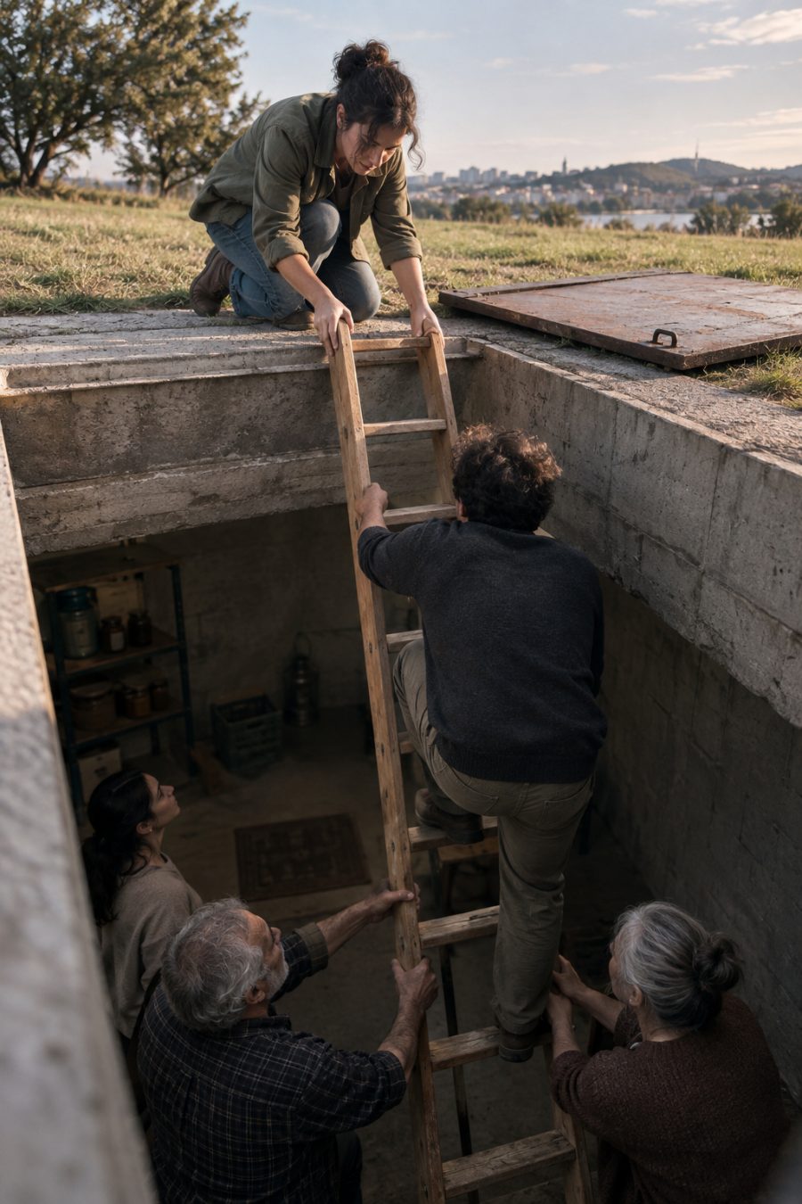 A person who has climbed through a concrete hatch holds a ladder for relatives below; the removed lid lies beside the opening.