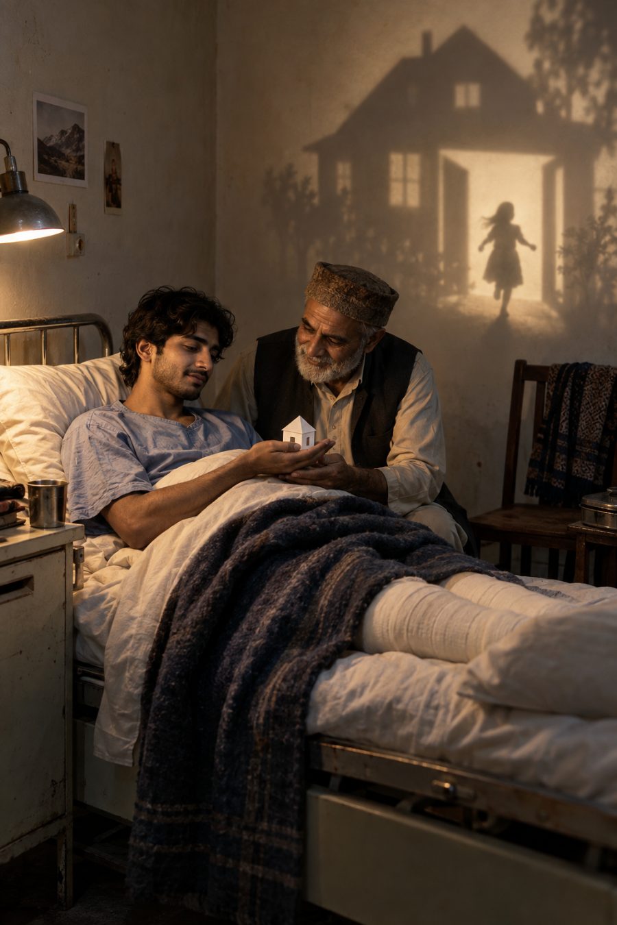A Pakistani father sits beside his injured adult son, who holds a paper house; its oversized shadow contains an open doorway and a girl moving through it.