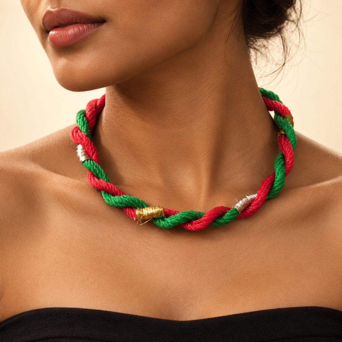 Korangi Creek — red and green net rope twisted, bound with scrap copper and silver wire.