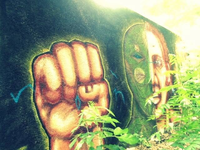 a raised fist and a face going green behind the weeds. the mural outlived the movement. the plants are outliving the mural. nothing gets trimmed on this side of the canal.