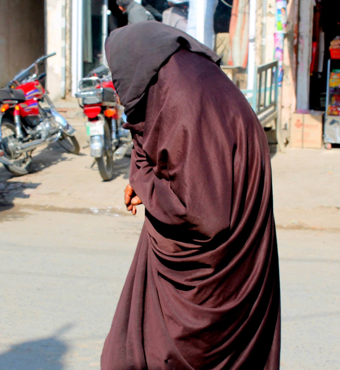 a street in the punjab. she has covered everything, including the face, and is walking out of the frame. this section is called the faces at home; here is the one with none. it is still a portrait &mdash; of a rule, not a woman.