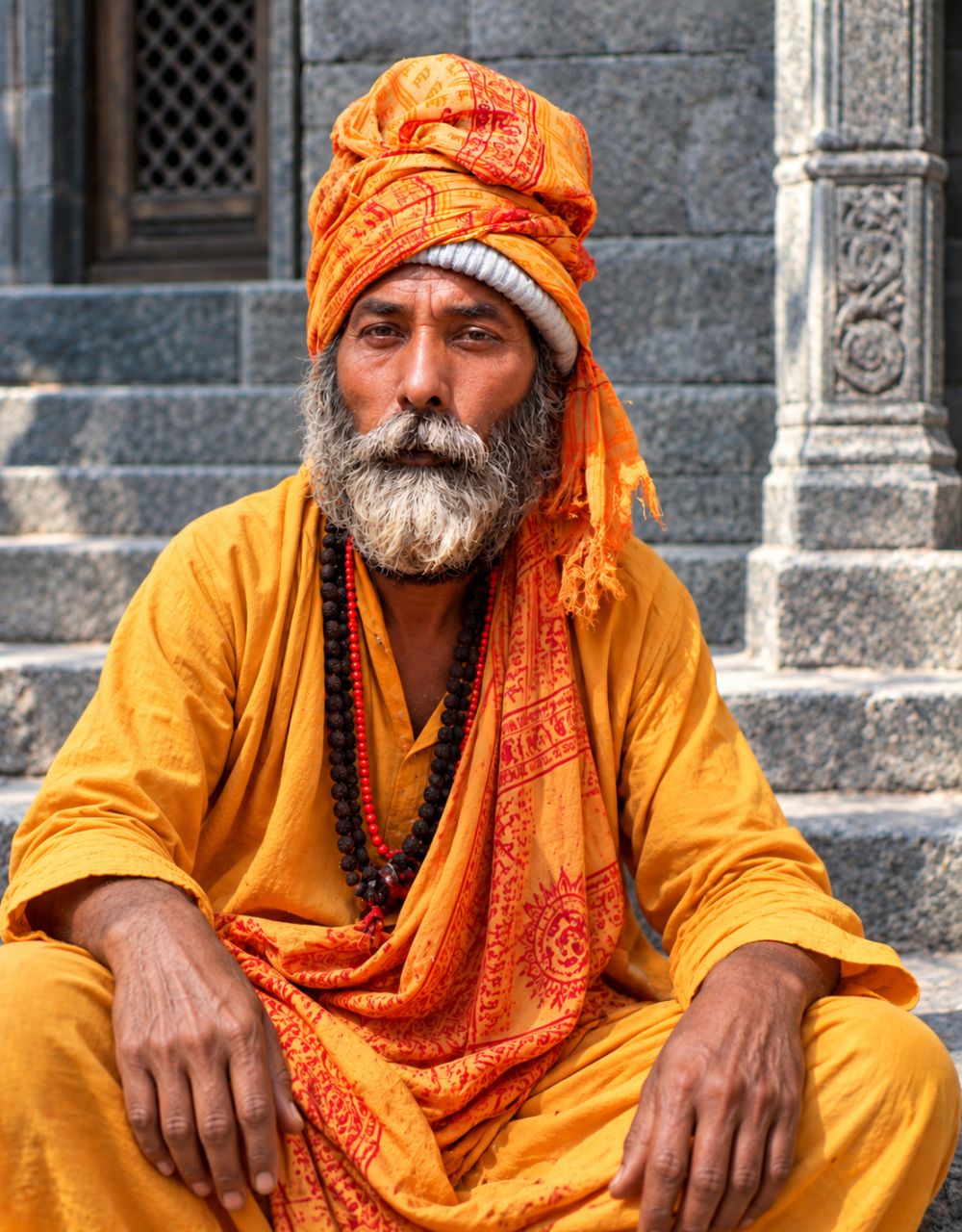 A sadhu in saffron robes and turban on temple steps