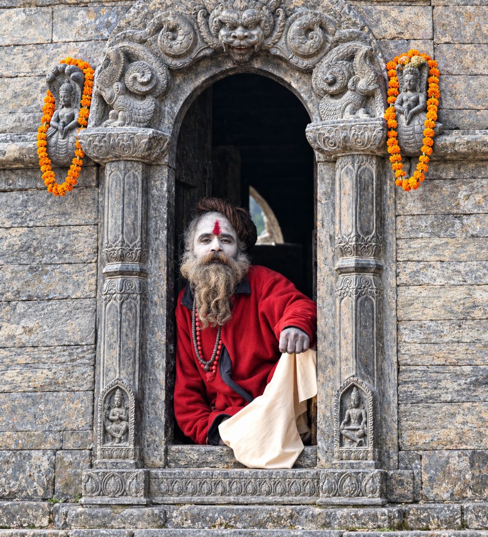 An ash-faced sadhu in red, framed in a carved stone shrine window with marigolds