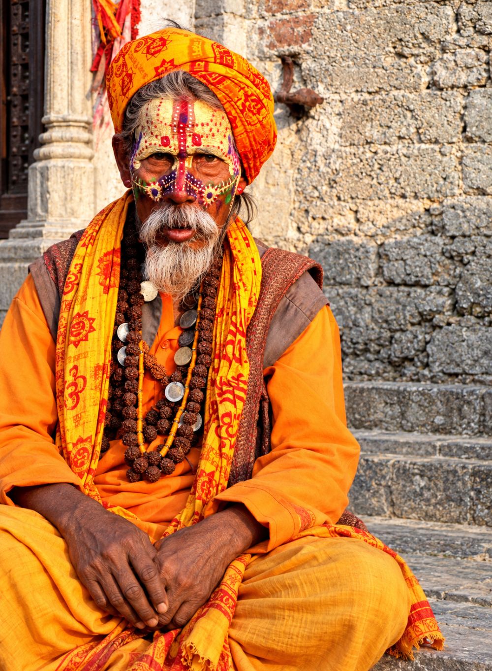 An elder sadhu with painted face, coins threaded through his rudraksha