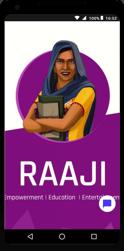 The Raaji app opening: Raaji's portrait, then a chat in Urdu