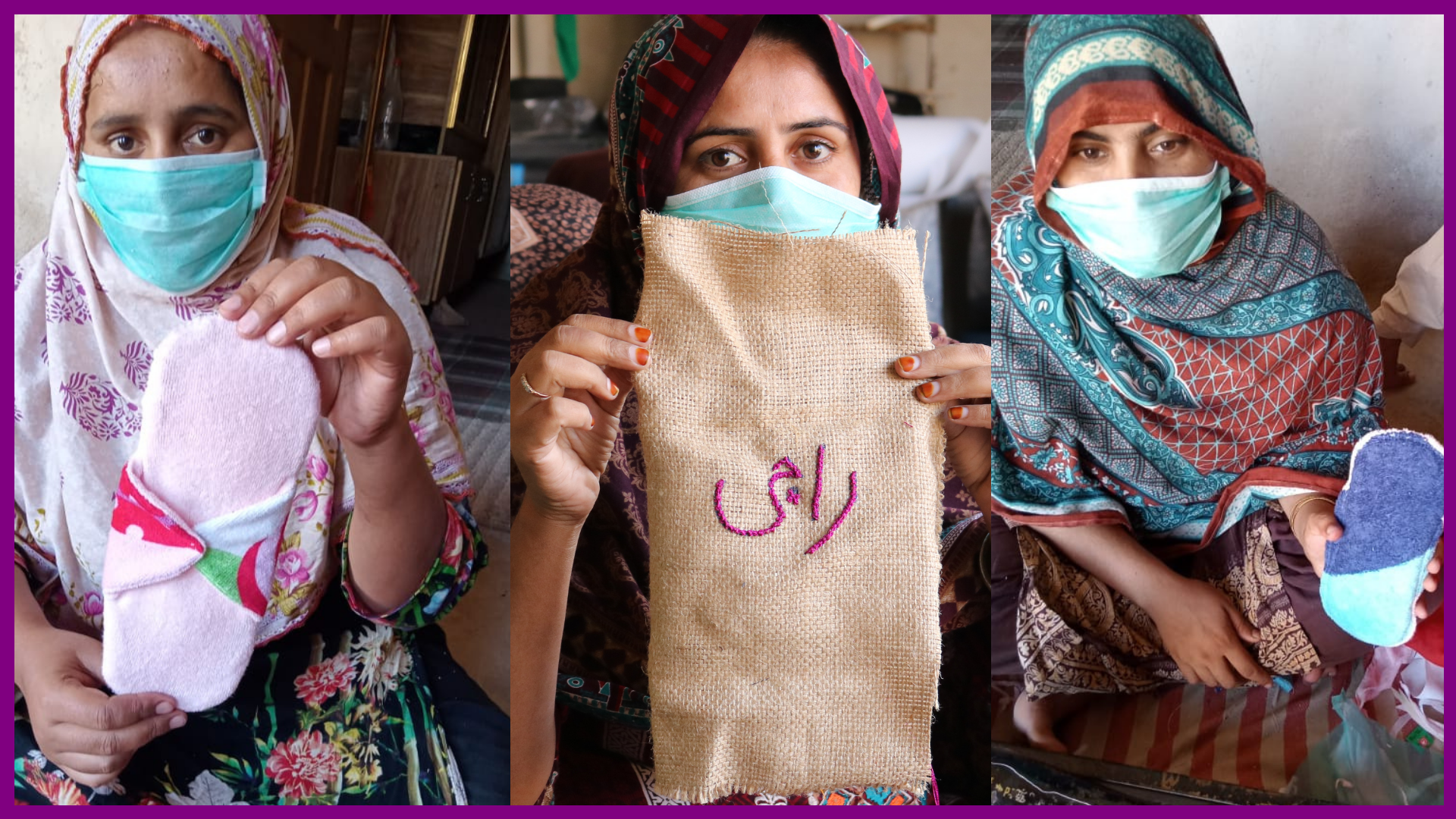 Three artisans holding up Raaji pad prototypes and an embroidered jute pouch