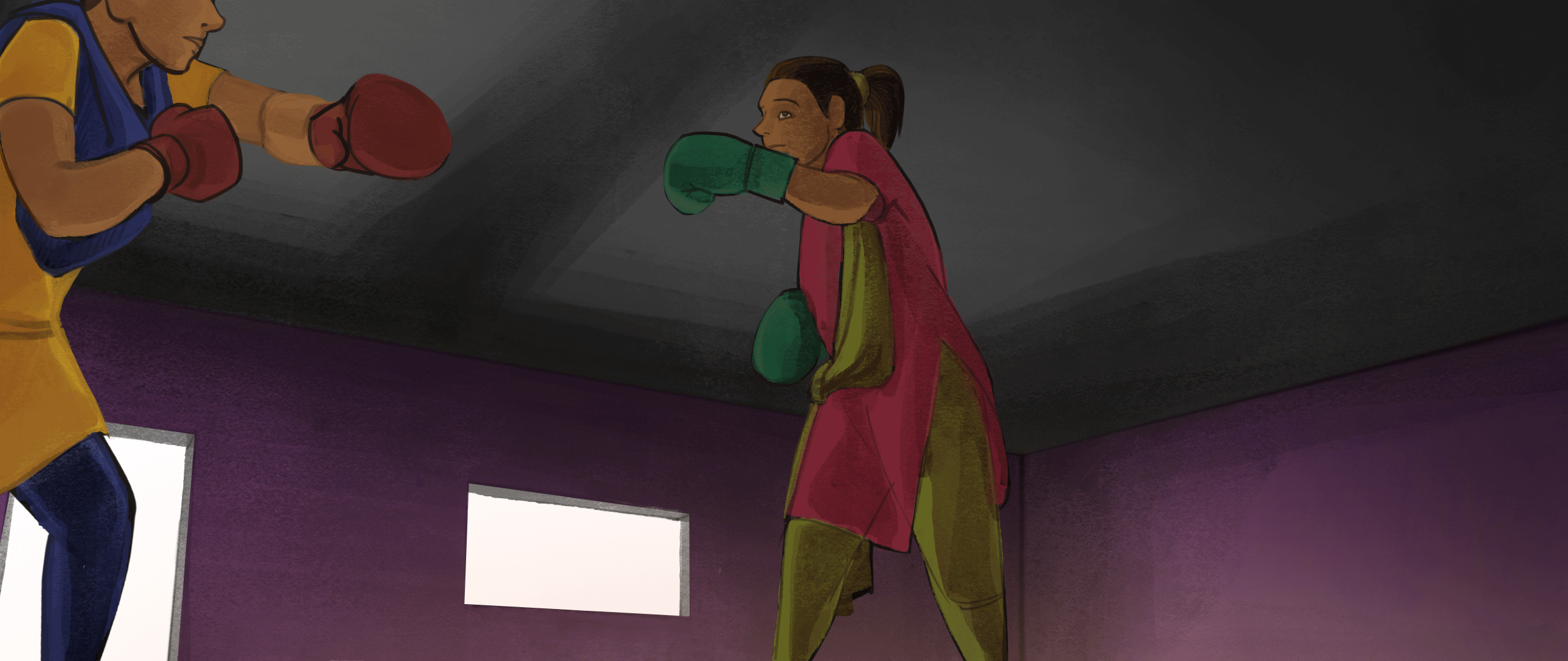 A boxing training scene in the purple room, animated GIF