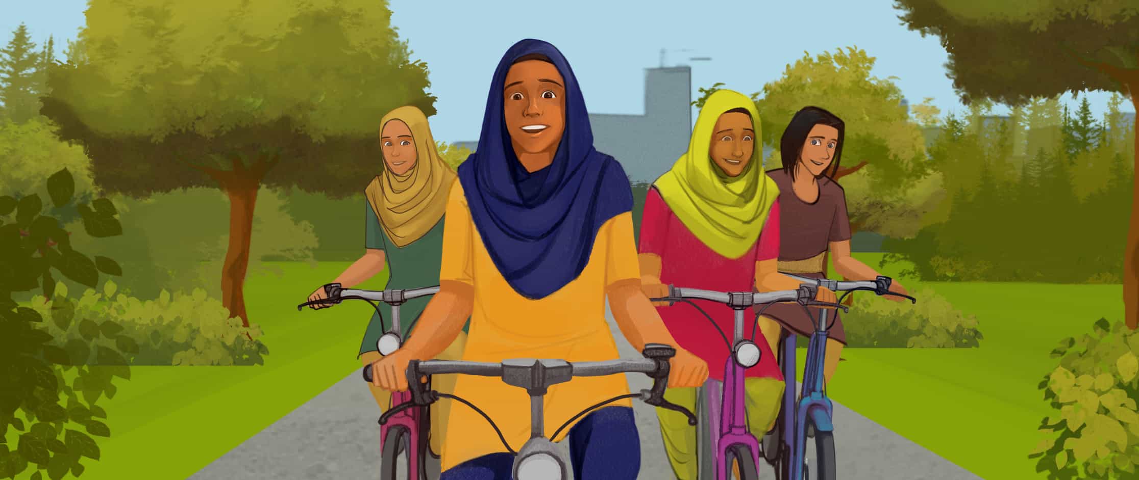 Girls cycling through a park in the animated series