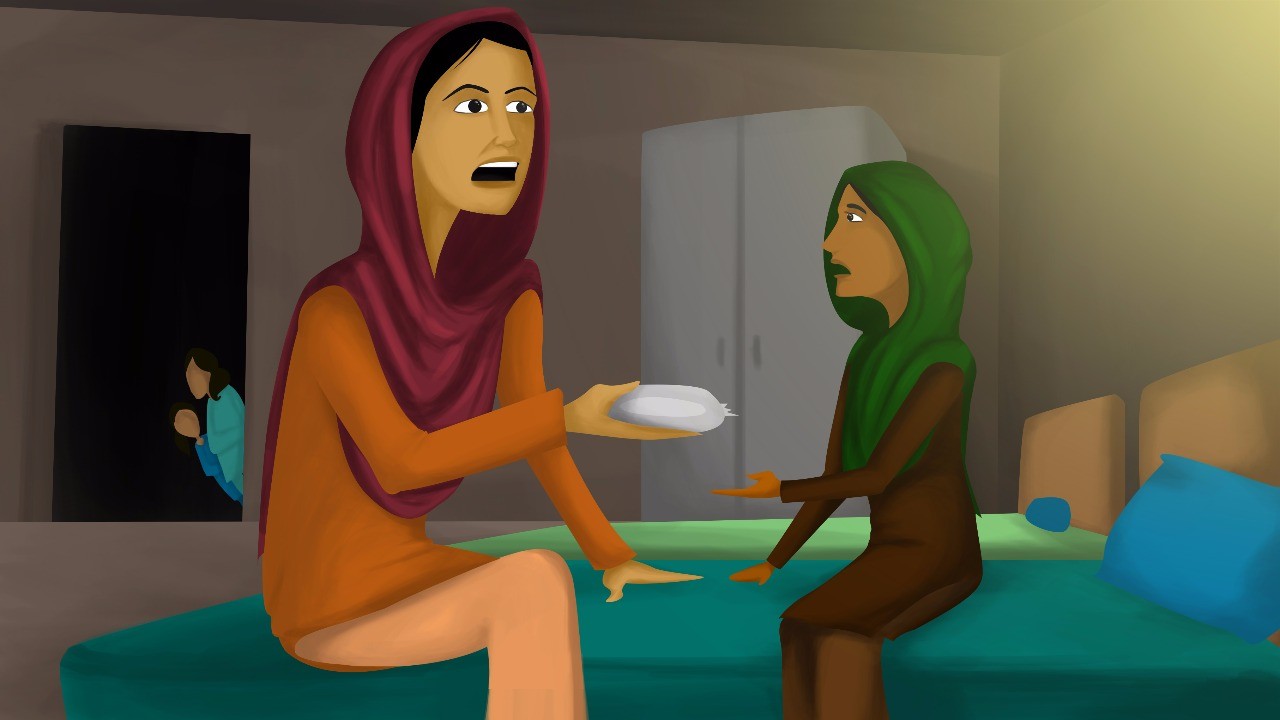 Episode two still: a mother hands a pad to her daughter