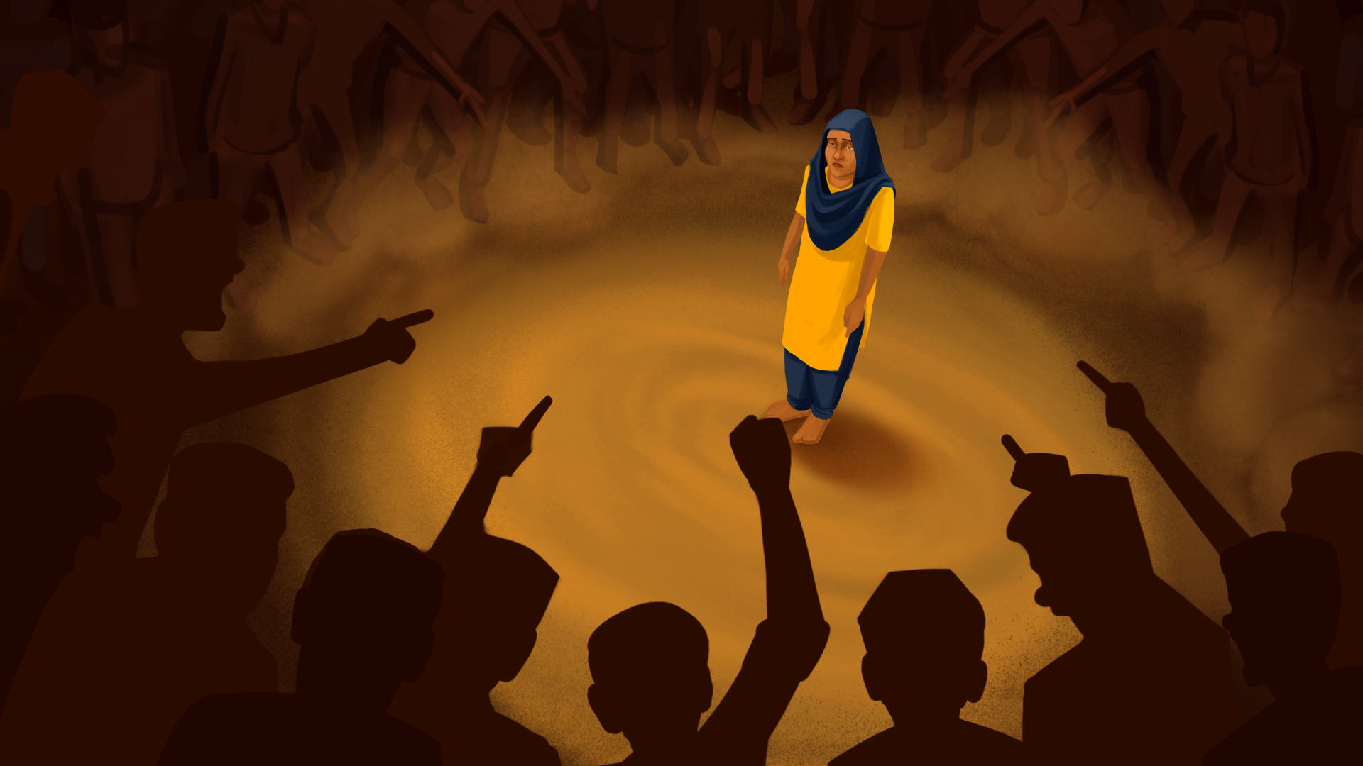 A girl in yellow encircled by pointing silhouettes
