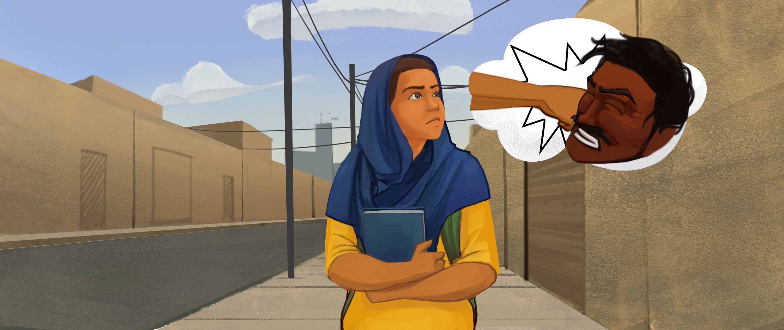 Raaji walks with her books past street harassment