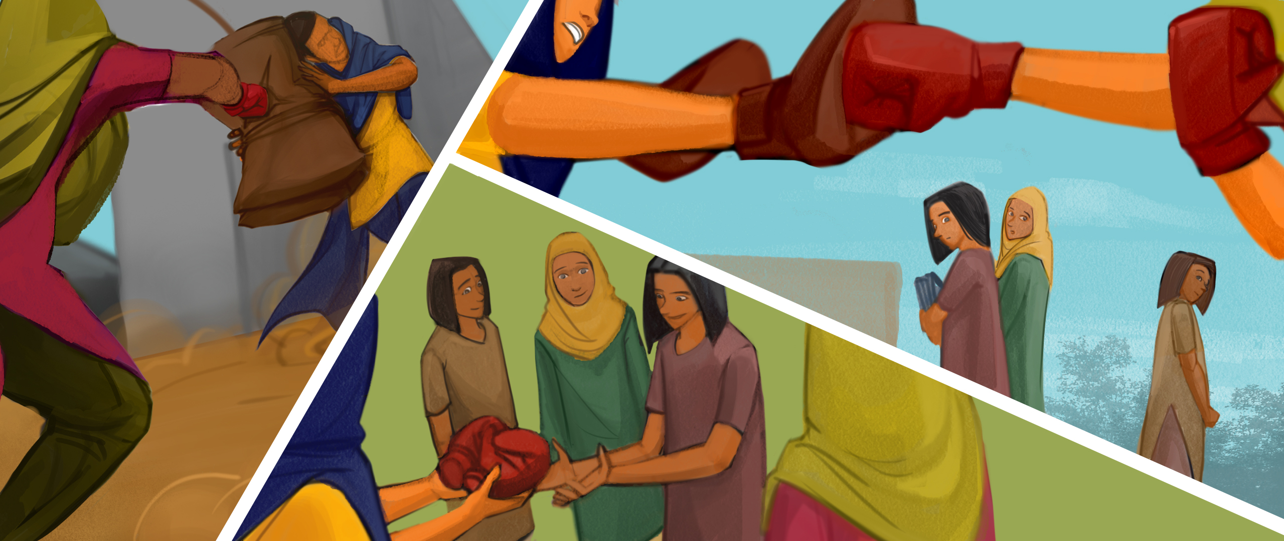 A triptych of fight, boxing gloves, and community scenes