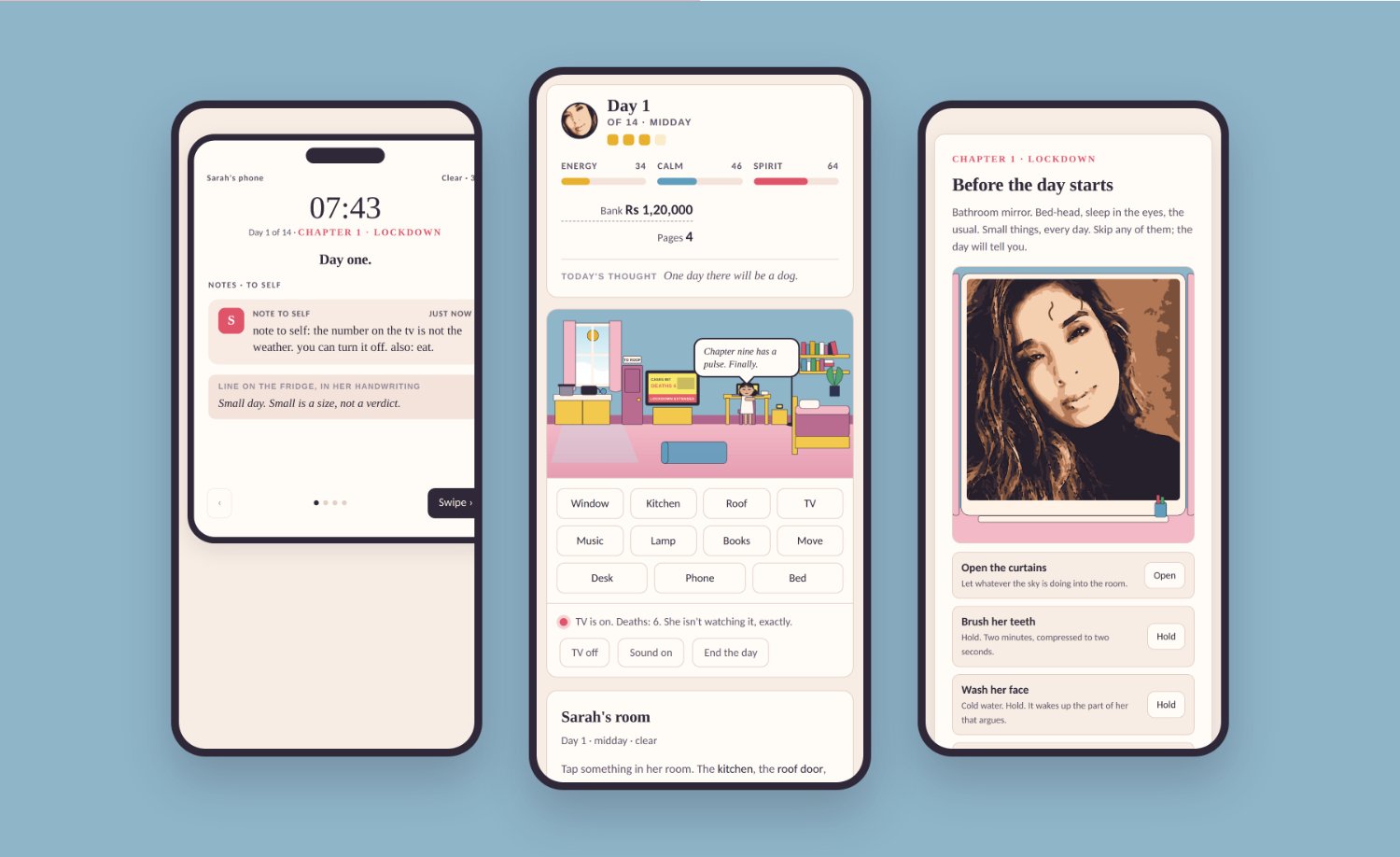 Three screens: the phone, the room, the morning routine